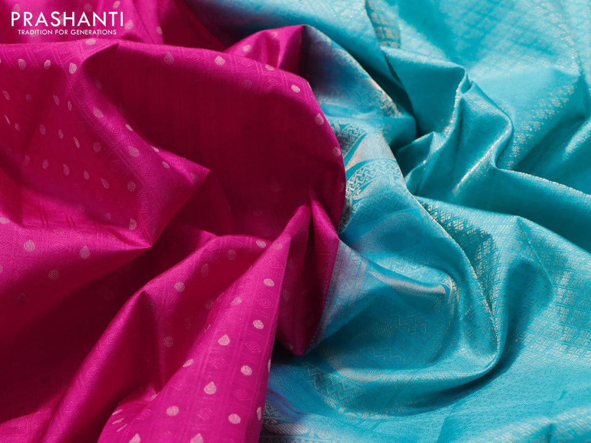 Pure kanjivaram silk saree pink and teal blue with allover self emboss & zari buttas and zari woven border