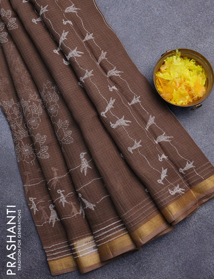 Kota saree brown with floral butta prints and zari woven border