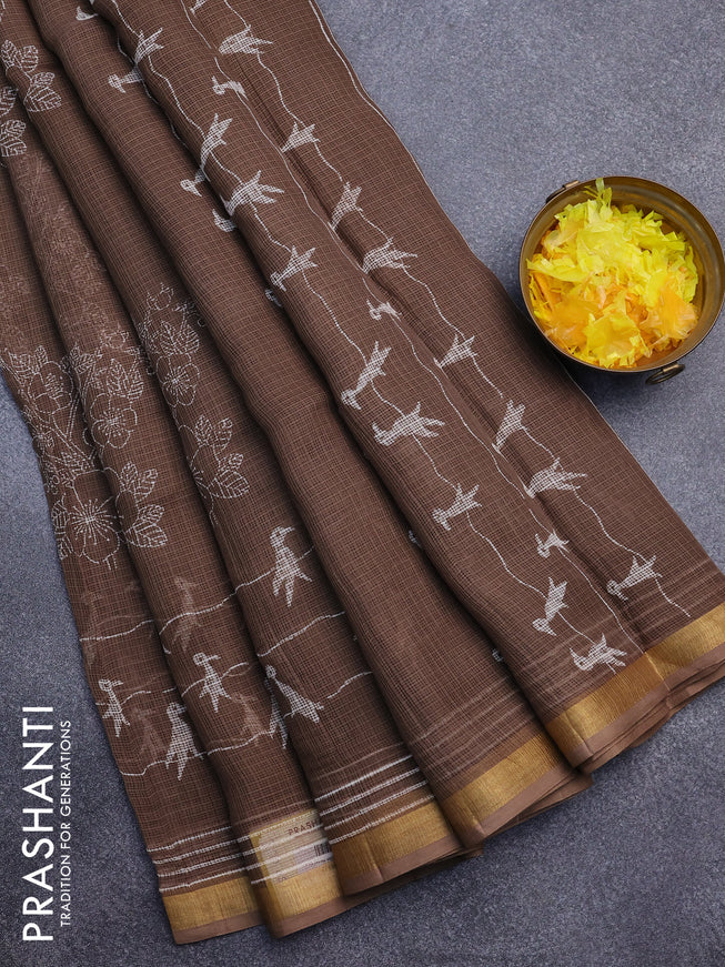 Kota saree brown with floral butta prints and zari woven border