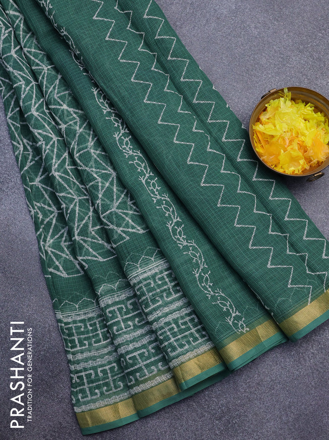 Kota saree green with allover geometric prints and zari woven border