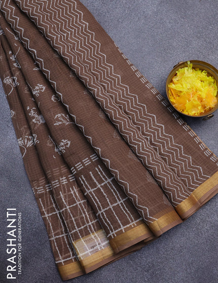 Kota saree brown shade with allover leaf butta prints and zari woven border