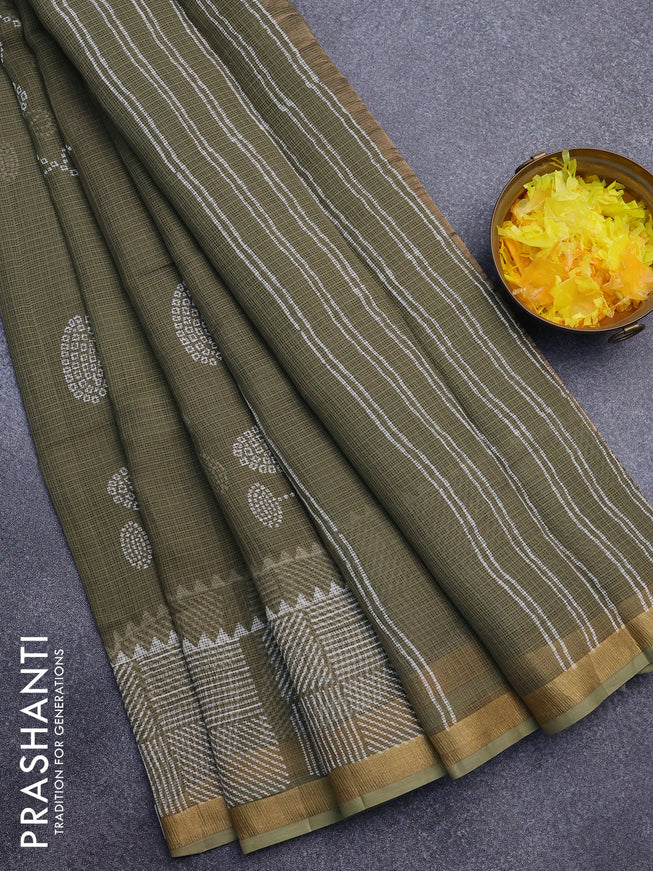 Kota saree military green with butta prints and zari woven border