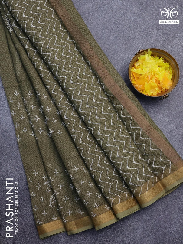 Kota saree military green with butta prints and zari woven border