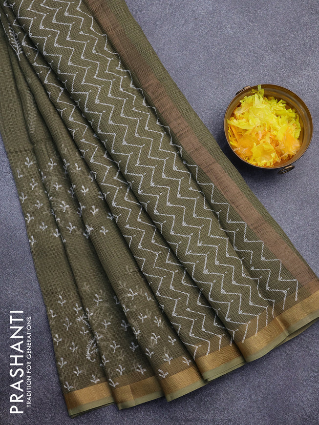 Kota saree military green with butta prints and zari woven border