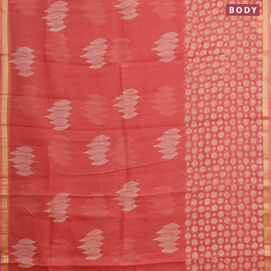 Kota saree peach shade with leaf butta prints and zari woven border
