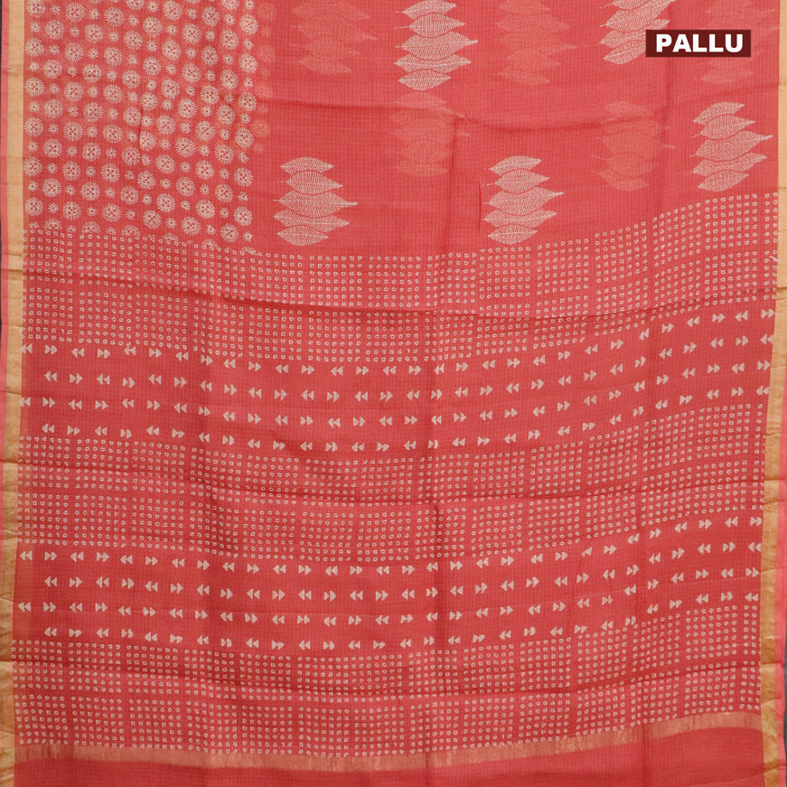 Kota saree peach shade with leaf butta prints and zari woven border