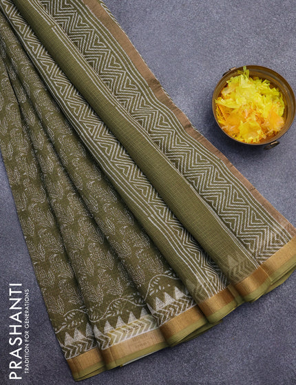 Kota saree mehendi green with allover prints and zari woven border