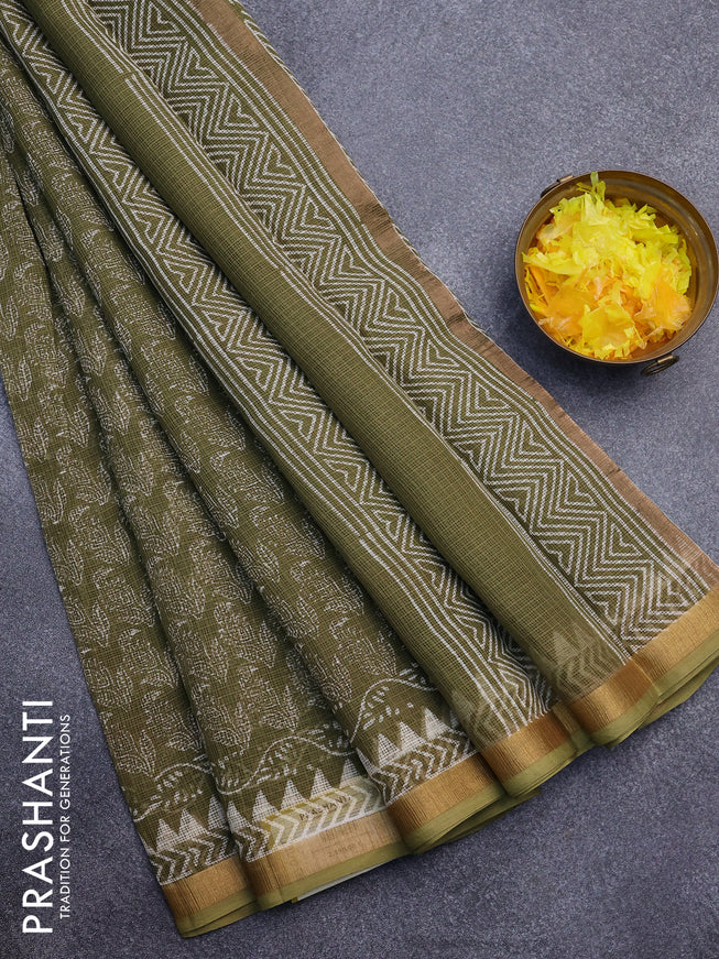 Kota saree mehendi green with allover prints and zari woven border