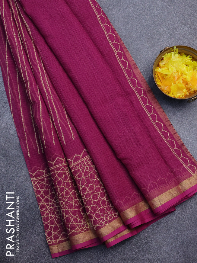 Kota saree magenta pink with allover stripe prints and zari woven border