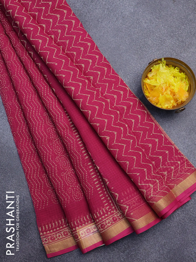 Kota saree pink with allover prints and zari woven border