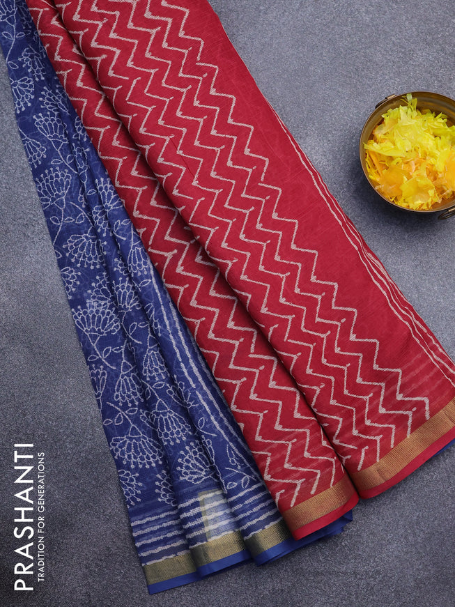 Kota saree blue and red with allover prints and zari woven border