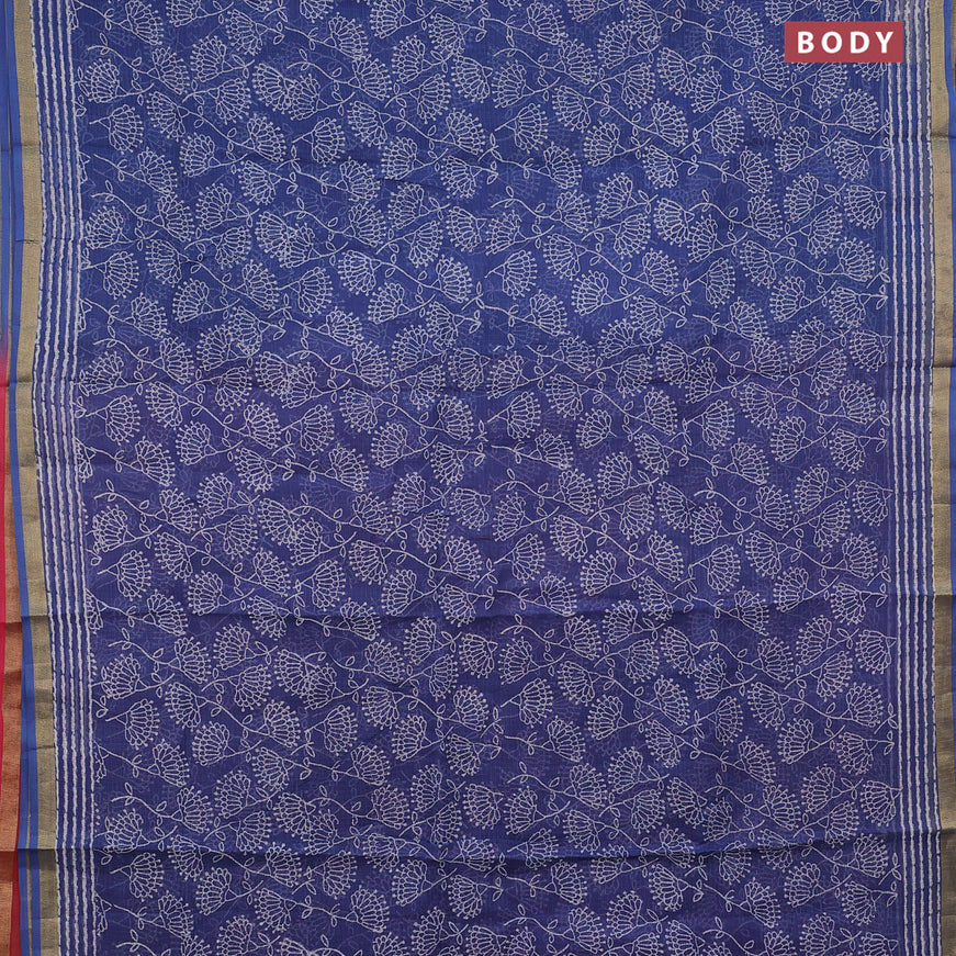 Kota saree blue and red with allover prints and zari woven border