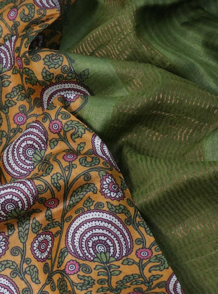 Pure tussar silk saree mustard yellow and green with allover prints and zari woven border -