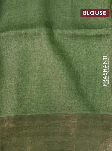 Pure tussar silk saree mustard yellow and green with allover prints and zari woven border -