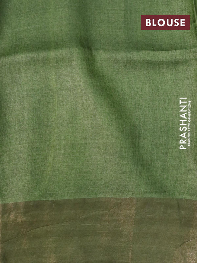 Pure tussar silk saree mustard yellow and green with allover prints and zari woven border -