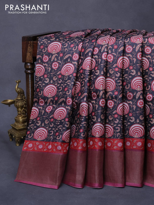 Pure tussar silk saree black and magenta pink with allover prints and zari woven border -