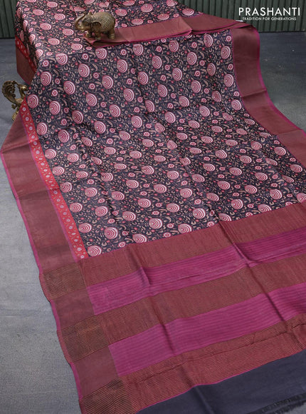 Pure tussar silk saree black and magenta pink with allover prints and zari woven border -