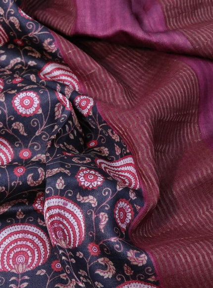 Pure tussar silk saree black and magenta pink with allover prints and zari woven border -