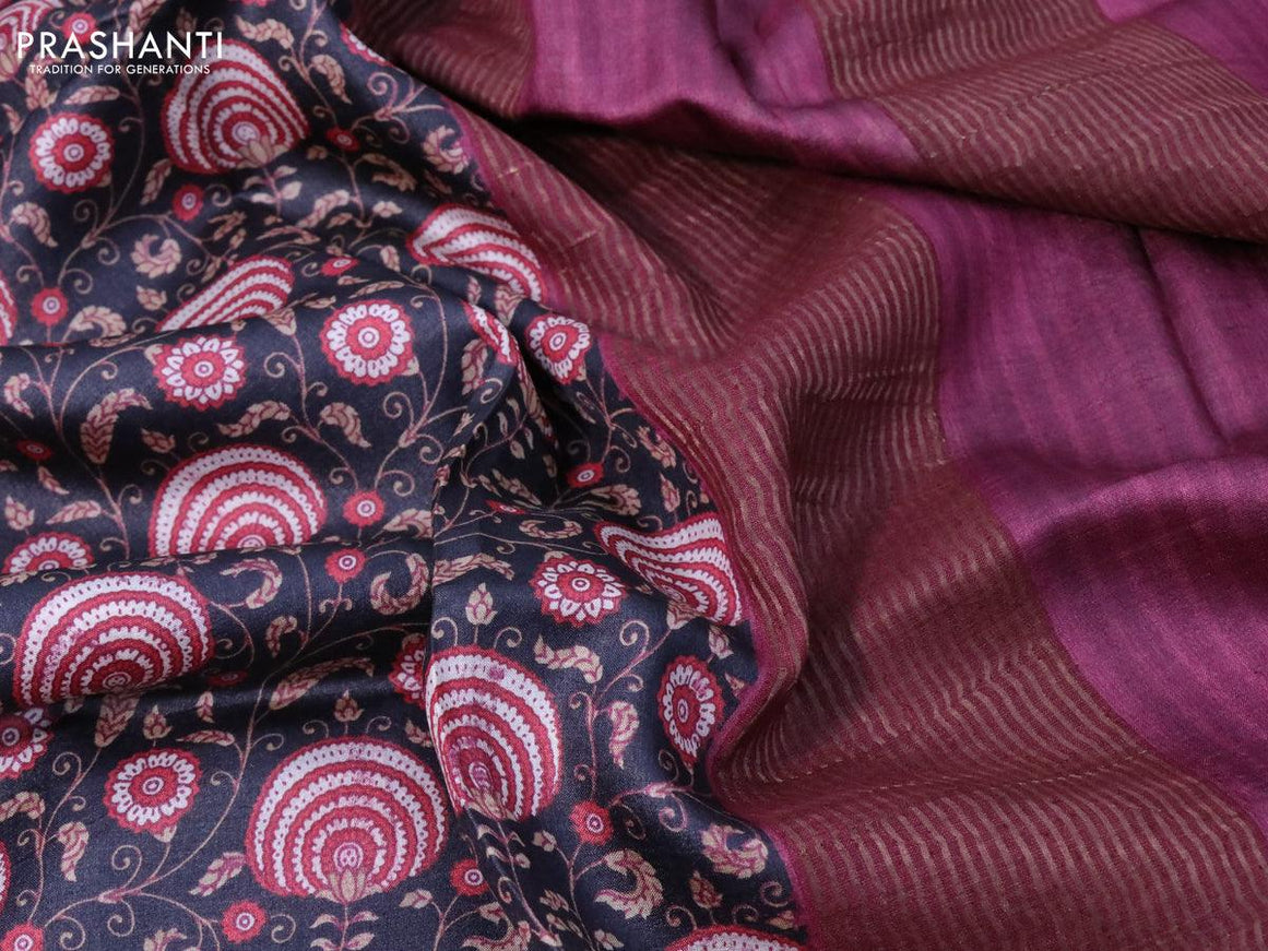 Pure tussar silk saree black and magenta pink with allover prints and zari woven border -