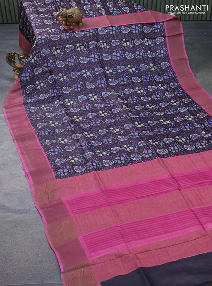 Pure tussar silk saree black and magenta pink with allover prints and zari woven border -