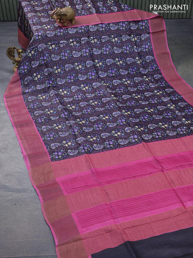 Pure tussar silk saree black and magenta pink with allover prints and zari woven border -