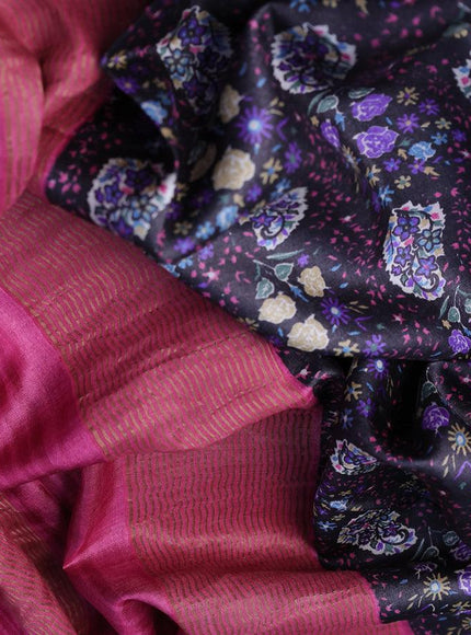 Pure tussar silk saree black and magenta pink with allover prints and zari woven border -