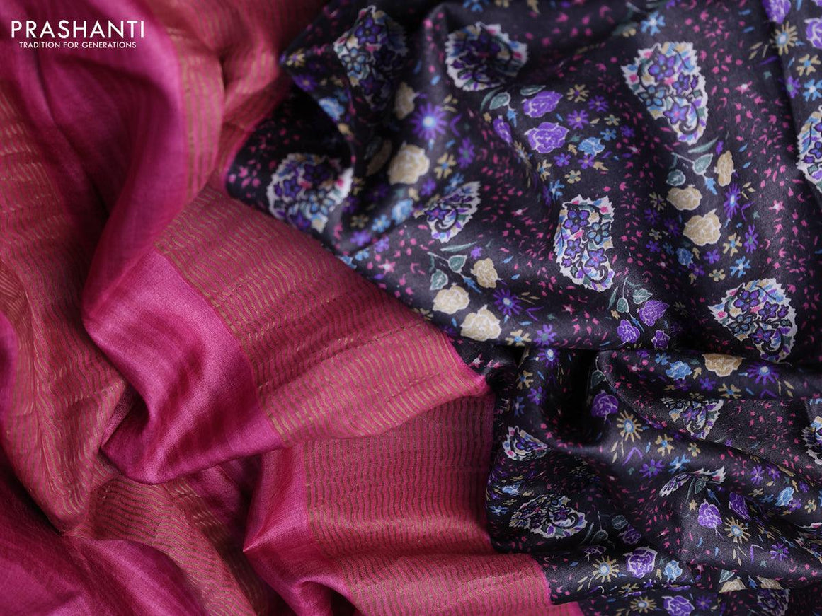 Pure tussar silk saree black and magenta pink with allover prints and zari woven border -