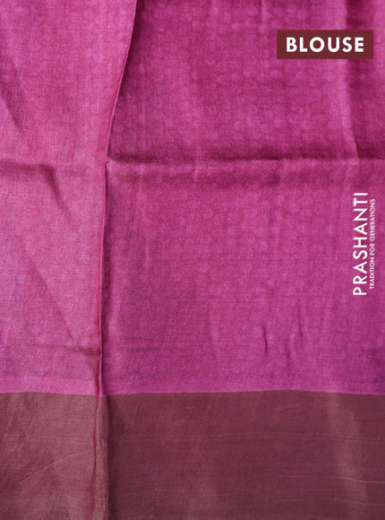 Pure tussar silk saree black and magenta pink with allover prints and zari woven border -