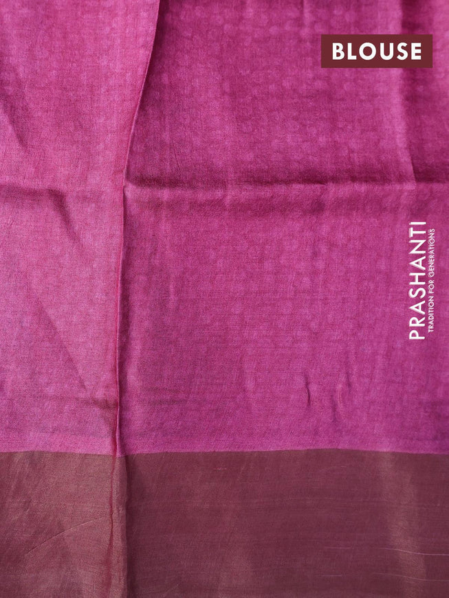 Pure tussar silk saree black and magenta pink with allover prints and zari woven border -