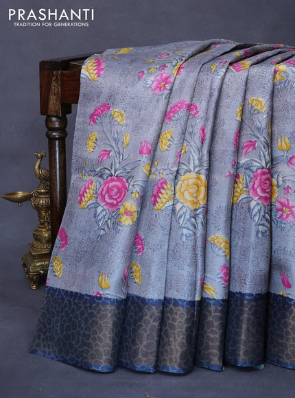 Pure tussar silk saree grey shade with allover floral prints and zari woven border -