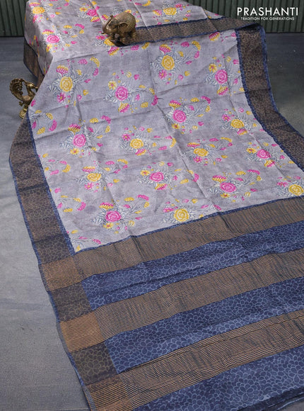 Pure tussar silk saree grey shade with allover floral prints and zari woven border -