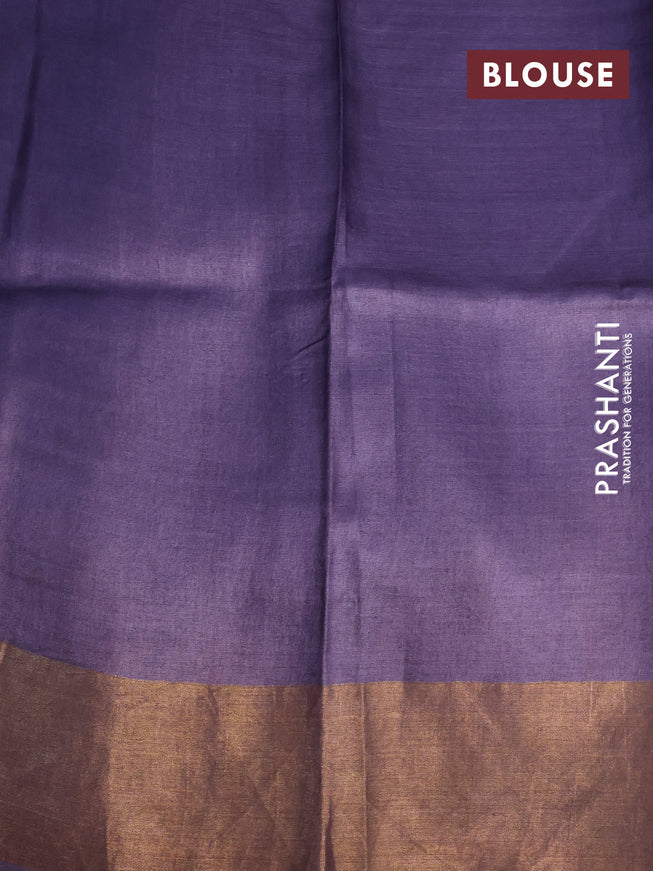 Pure tussar silk saree deep jamun shade with allover prints and zari woven border -