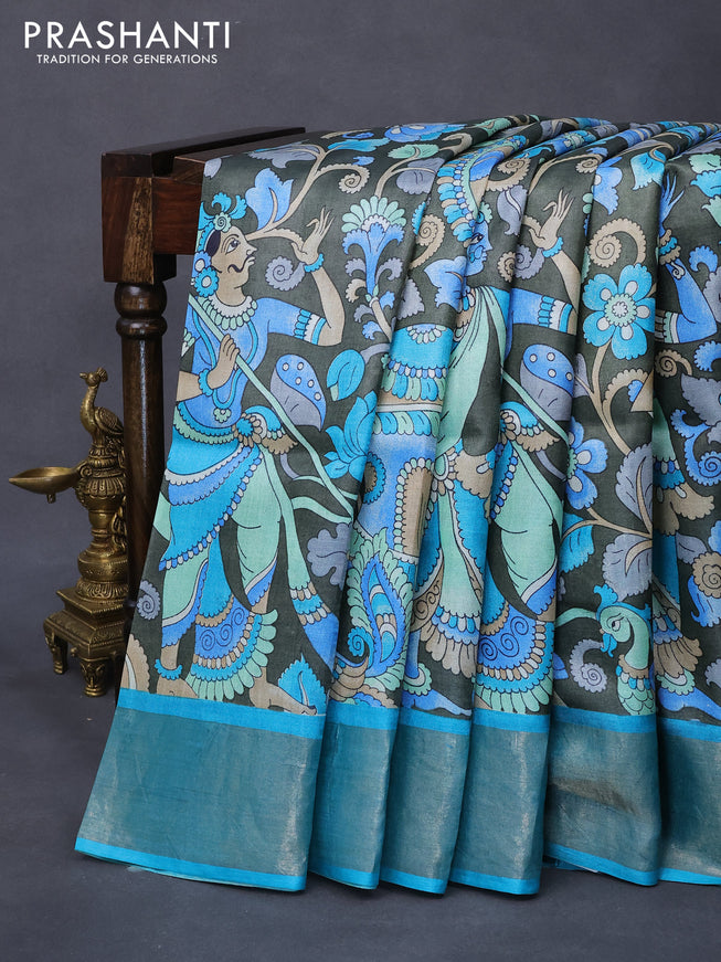 Pure tussar silk saree sap green and teal blue with allover prints and zari woven border -