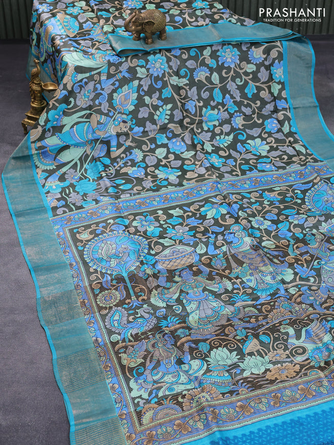 Pure tussar silk saree sap green and teal blue with allover prints and zari woven border -