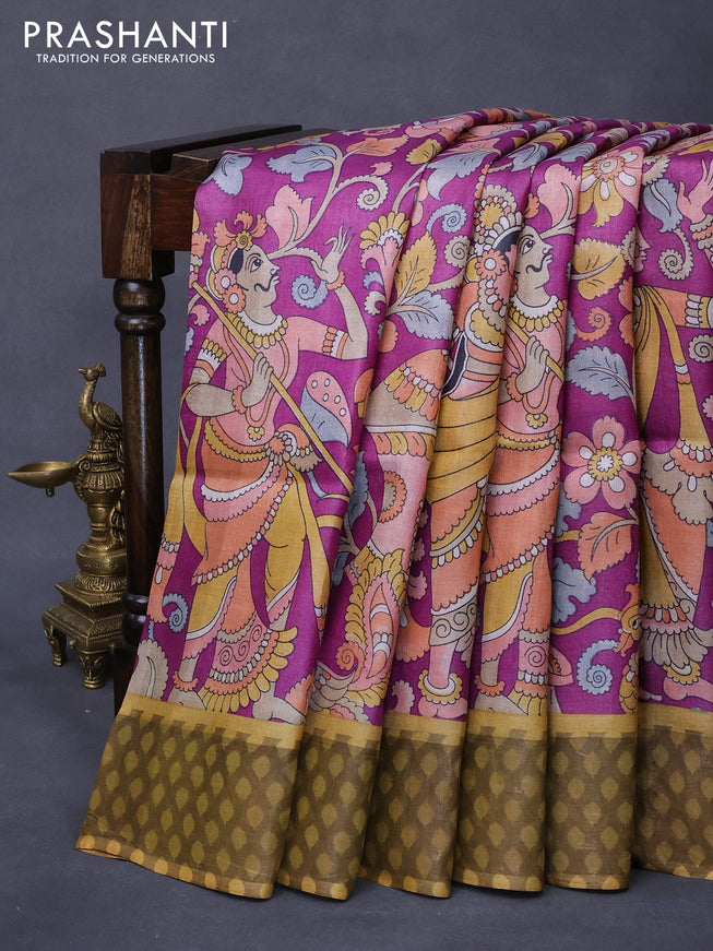 Pure tussar silk saree purple and mustard yellow with allover prints and zari woven border -