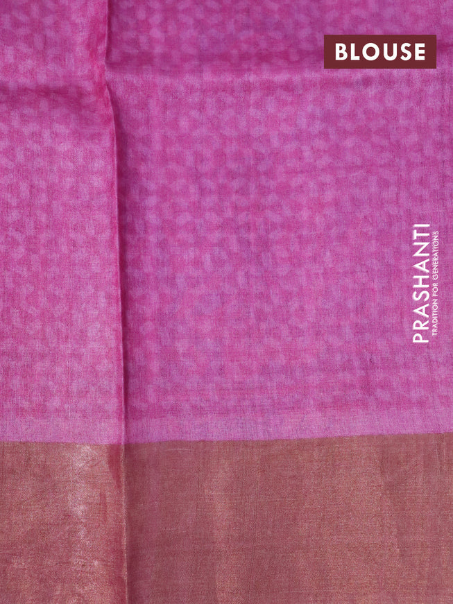 Pure tussar silk saree blue and pink with allover prints and zari woven border -