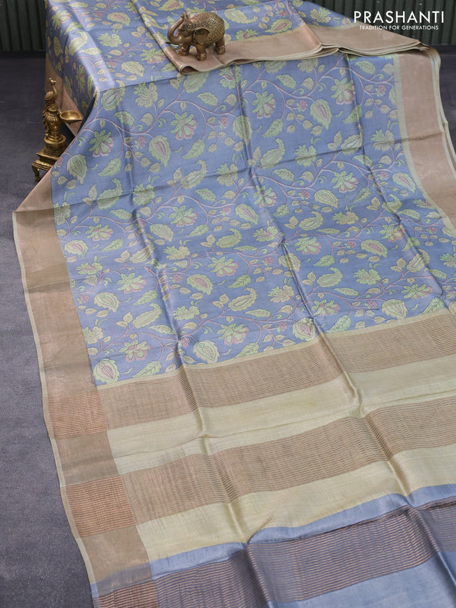 Pure tussar silk saree grey and pista green with kalamkari prints and zari woven border -