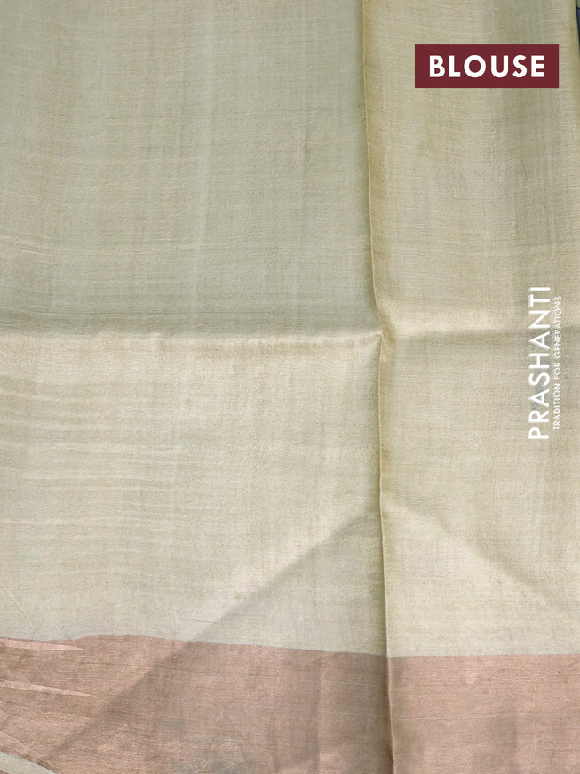 Pure tussar silk saree grey and pista green with kalamkari prints and zari woven border -