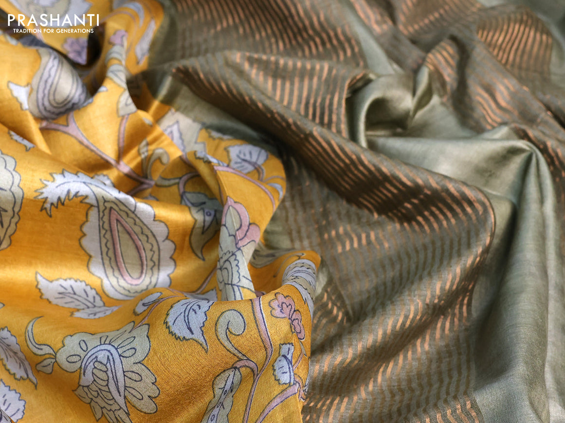 Pure tussar silk saree mustard yellow and elaichi green with kalamkari prints and zari woven border -