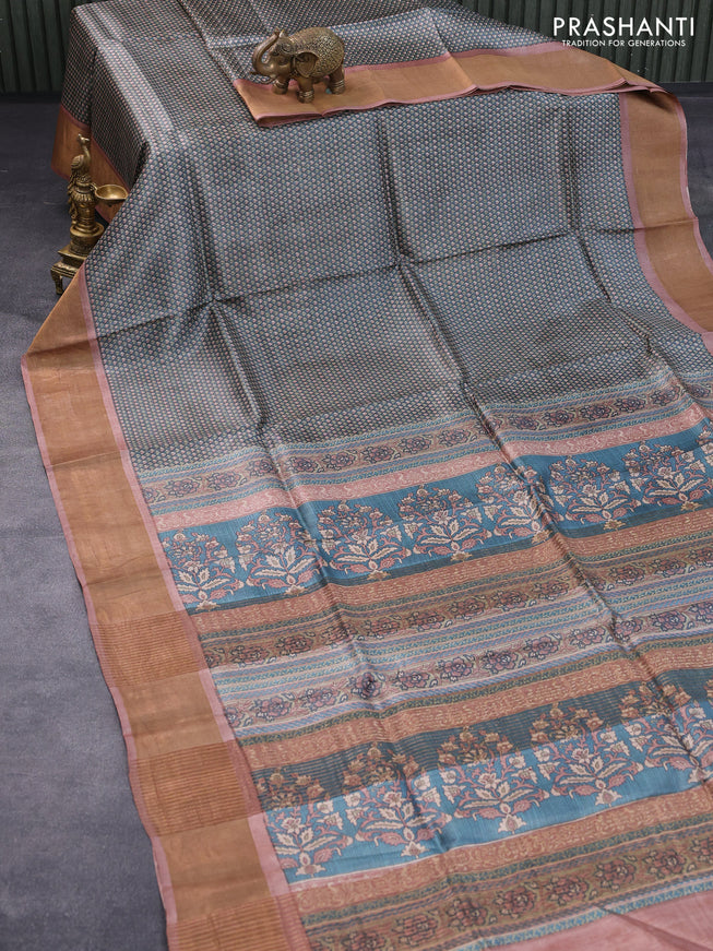 Pure tussar silk saree blue shade and pastel brown with allover prints and zari woven border -