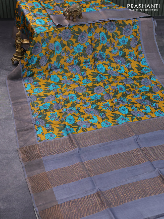 Pure tussar silk saree mustard yellow and grey with allover floral prints and zari woven border -