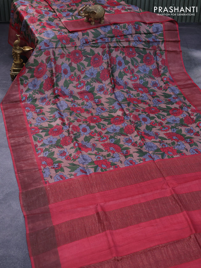 Pure tussar silk saree brown and red with allover floral prints and zari woven border -