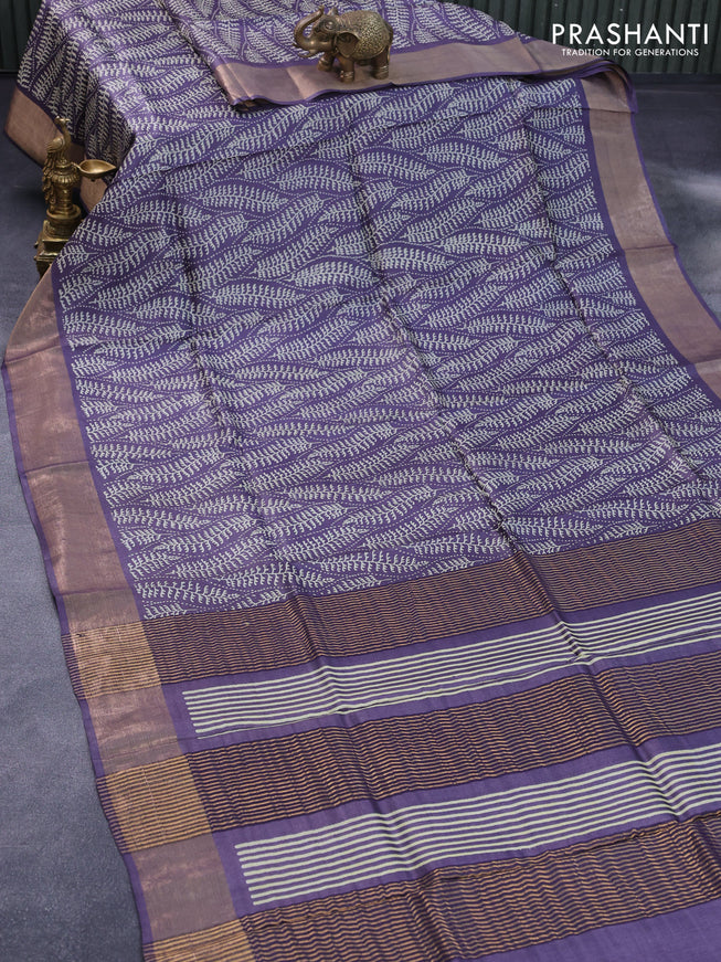 Pure tussar silk saree deep violet with allover prints and zari woven border -