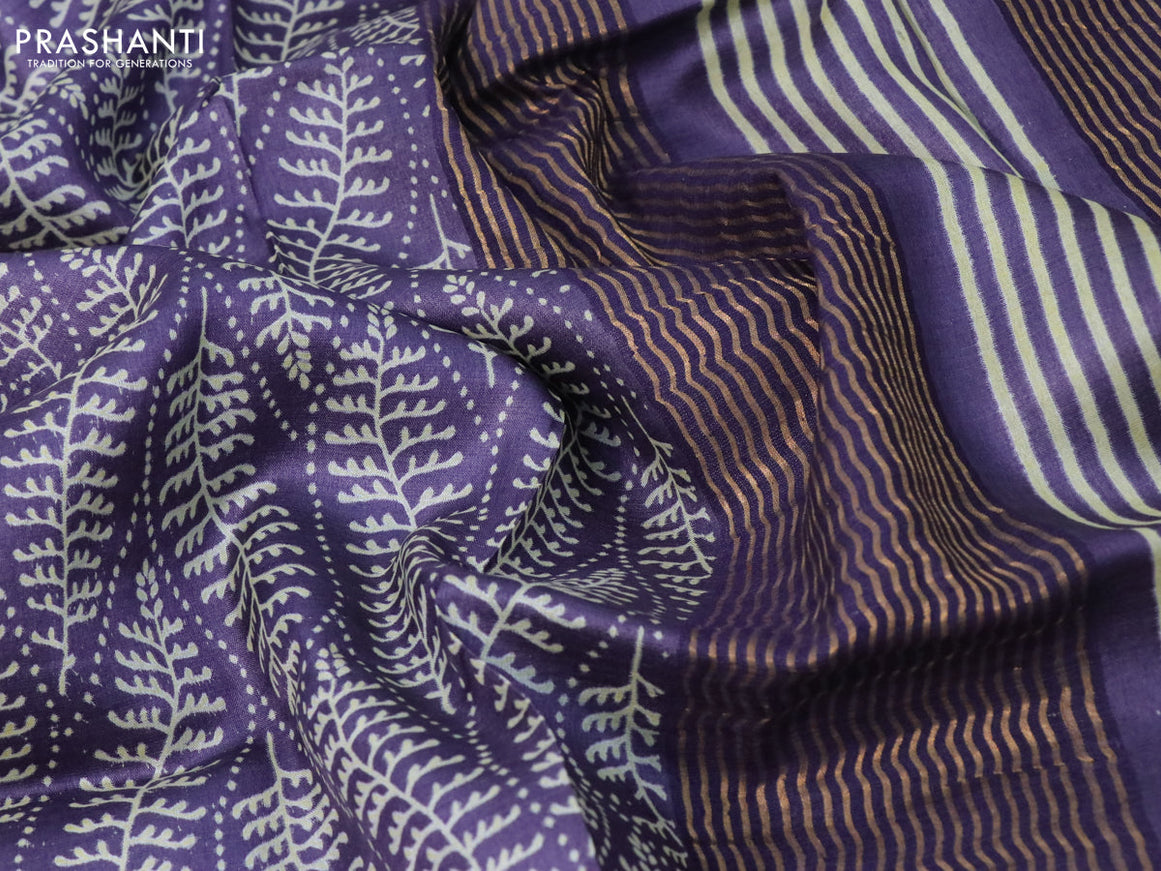 Pure tussar silk saree deep violet with allover prints and zari woven border -