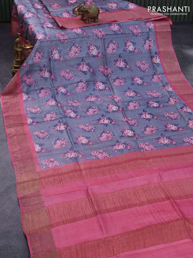 Pure tussar silk saree grey and pink with floral prints and zari woven border -