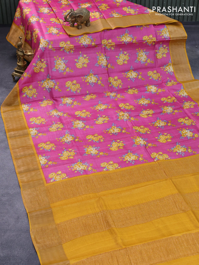 Pure tussar silk saree pink and mustard yellow with floral prints and zari woven border -