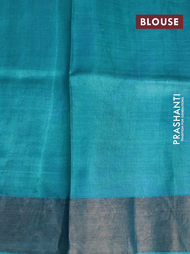 Pure tussar silk saree cs blue and teal blue with allover kalamkari prints and zari woven border -