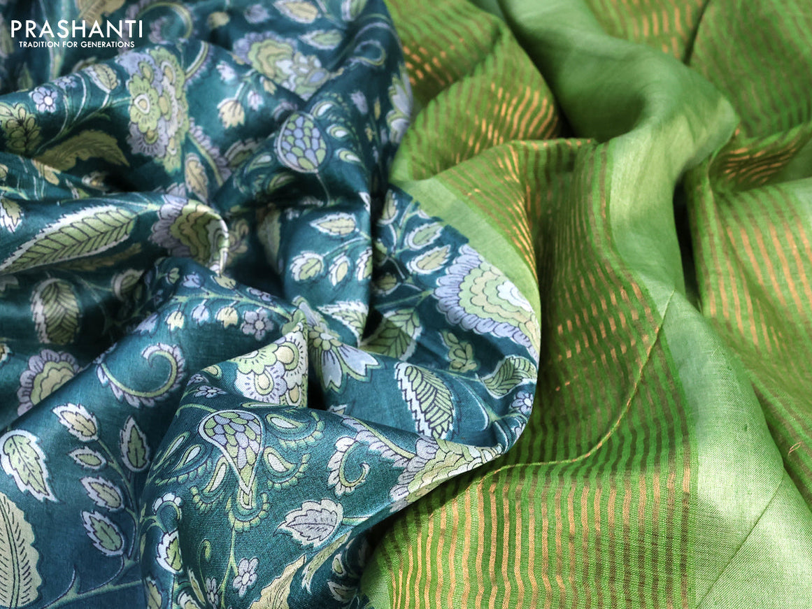 Pure tussar silk saree teal green and light green with allover kalamkari prints and zari woven border -