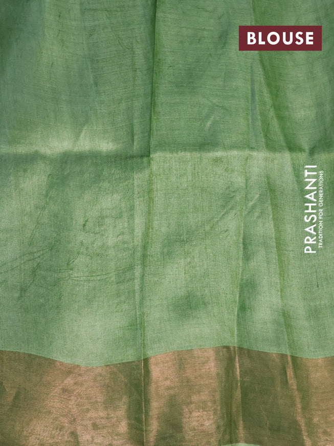 Pure tussar silk saree teal green and light green with allover kalamkari prints and zari woven border -