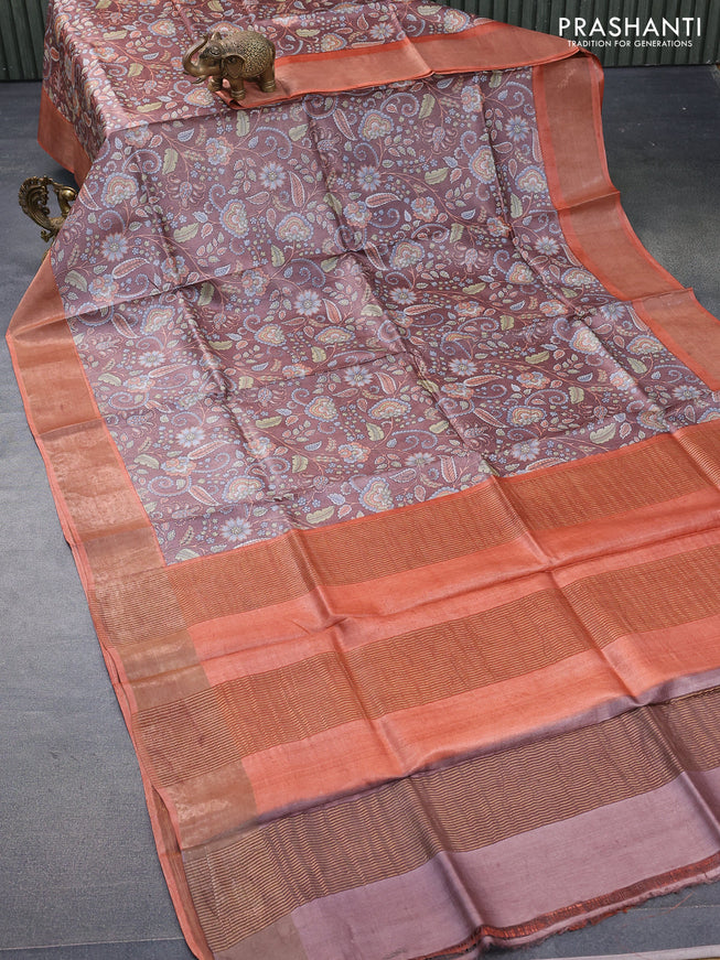 Pure tussar silk saree brown and rustic orange with allover kalamkari prints and zari woven border -